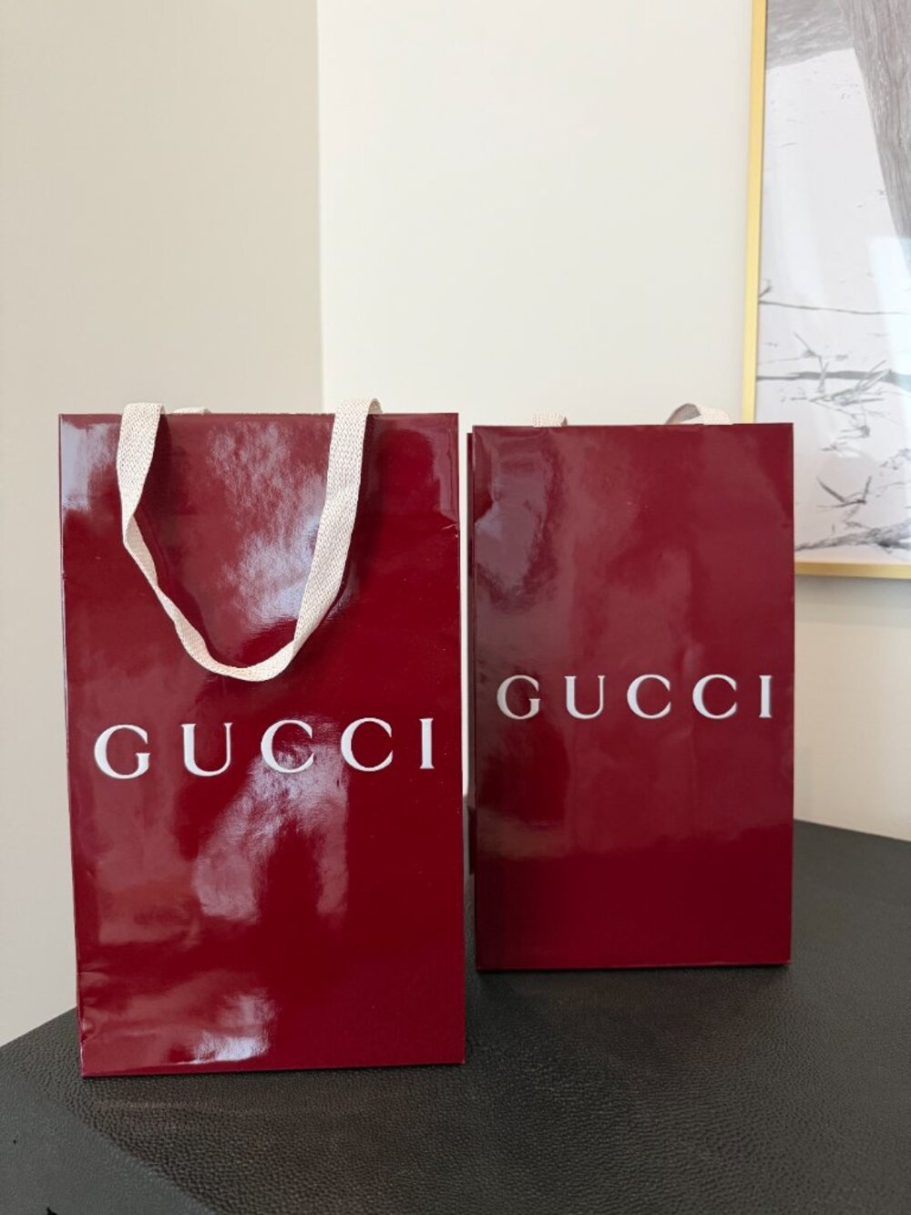 Gucci Empty Paper Gift Bags Set of 2 — Burgundy Gloss, White Logo, 6.5x11x4"